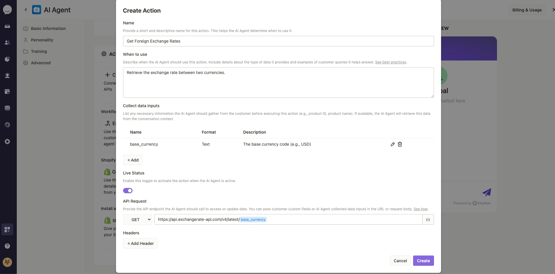 Create AI Agent Action integration