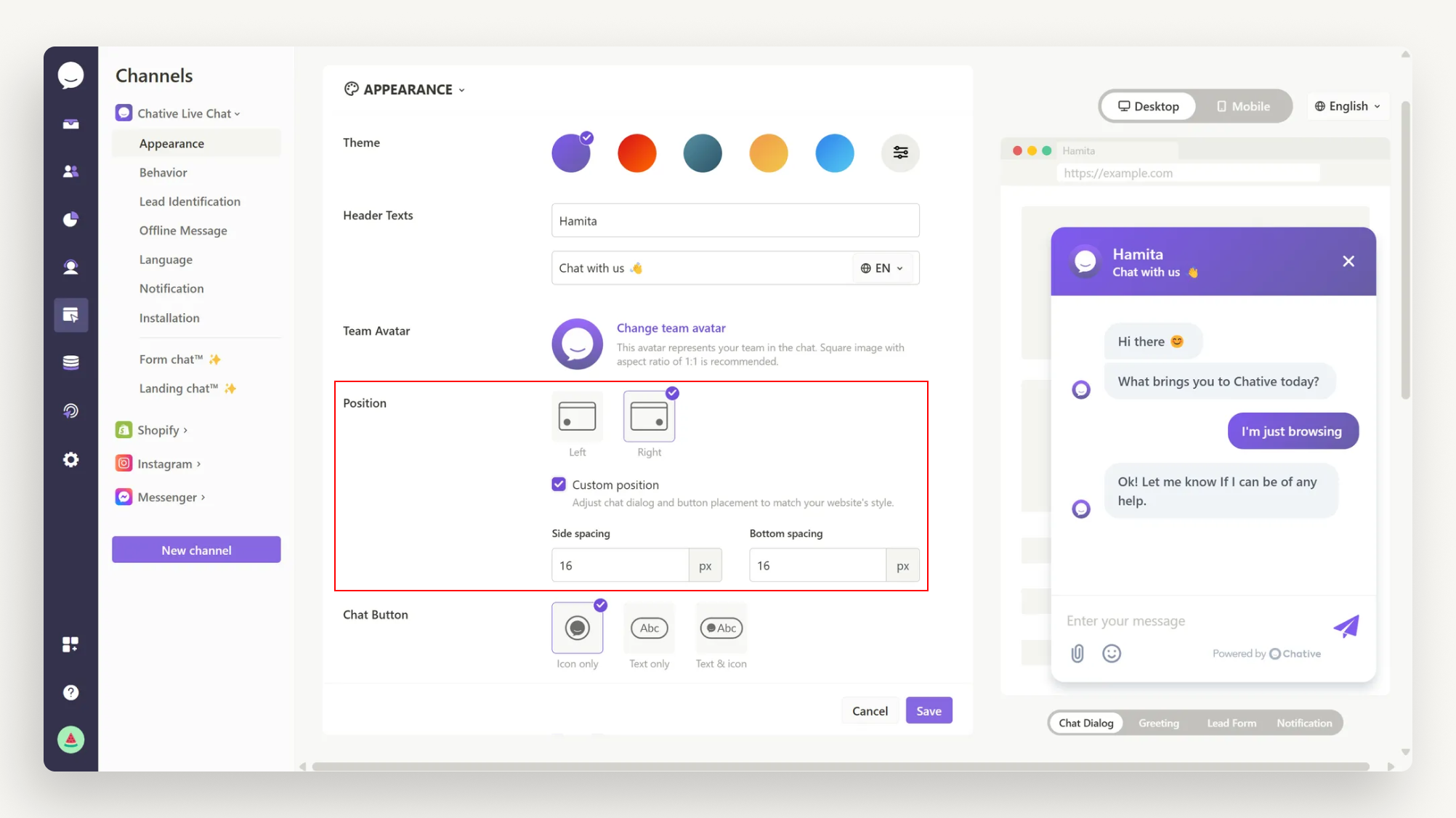 Custom live chat position Custom live chat position
