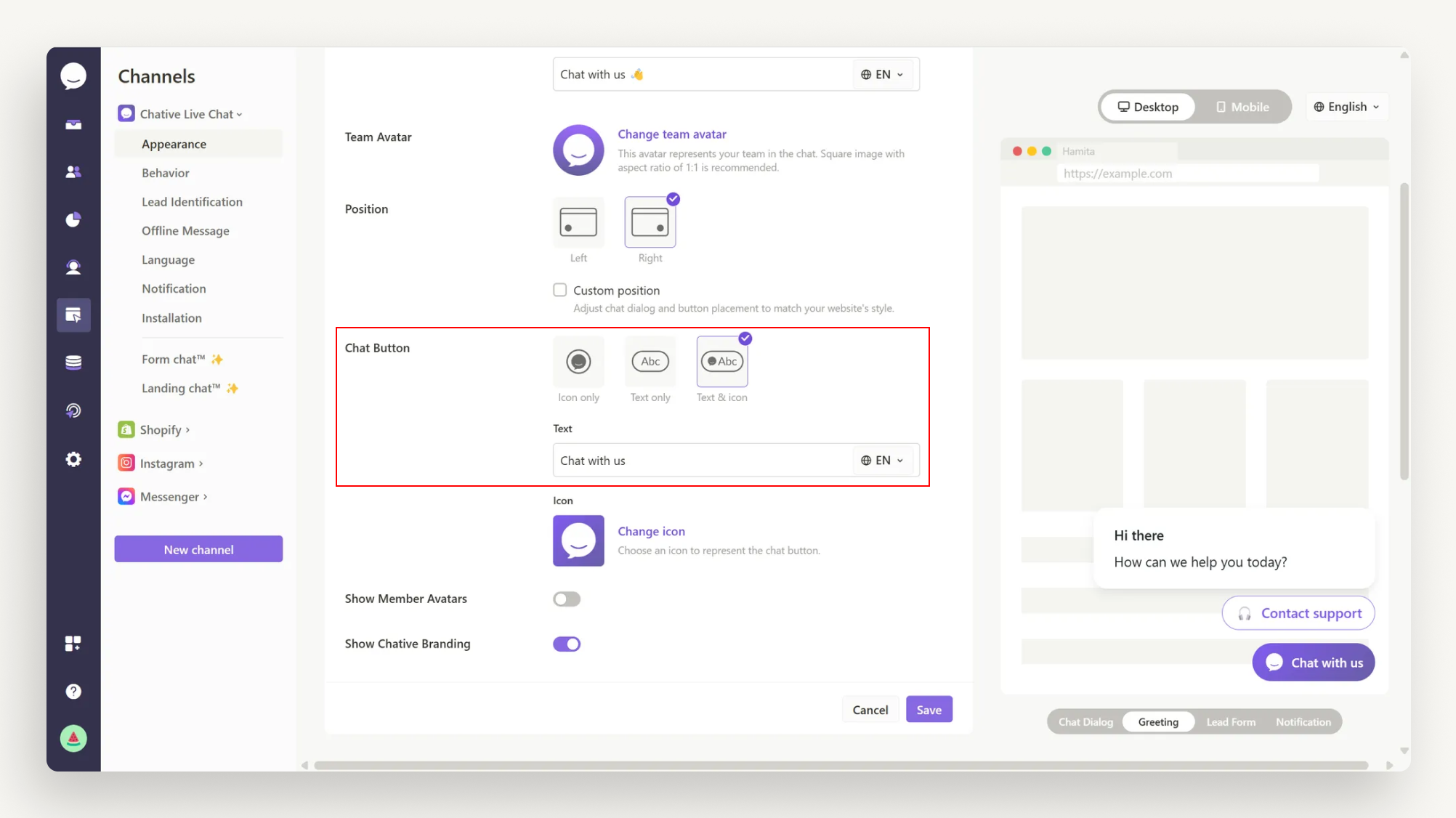 Choose the chat button type Choose the chat button type