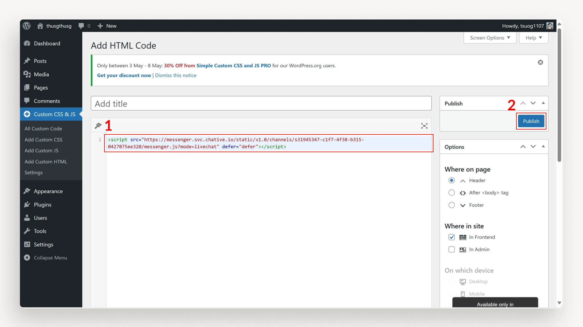 Paste the live chat code from Chative IO into the code field Paste the live chat code from Chative IO into the code field