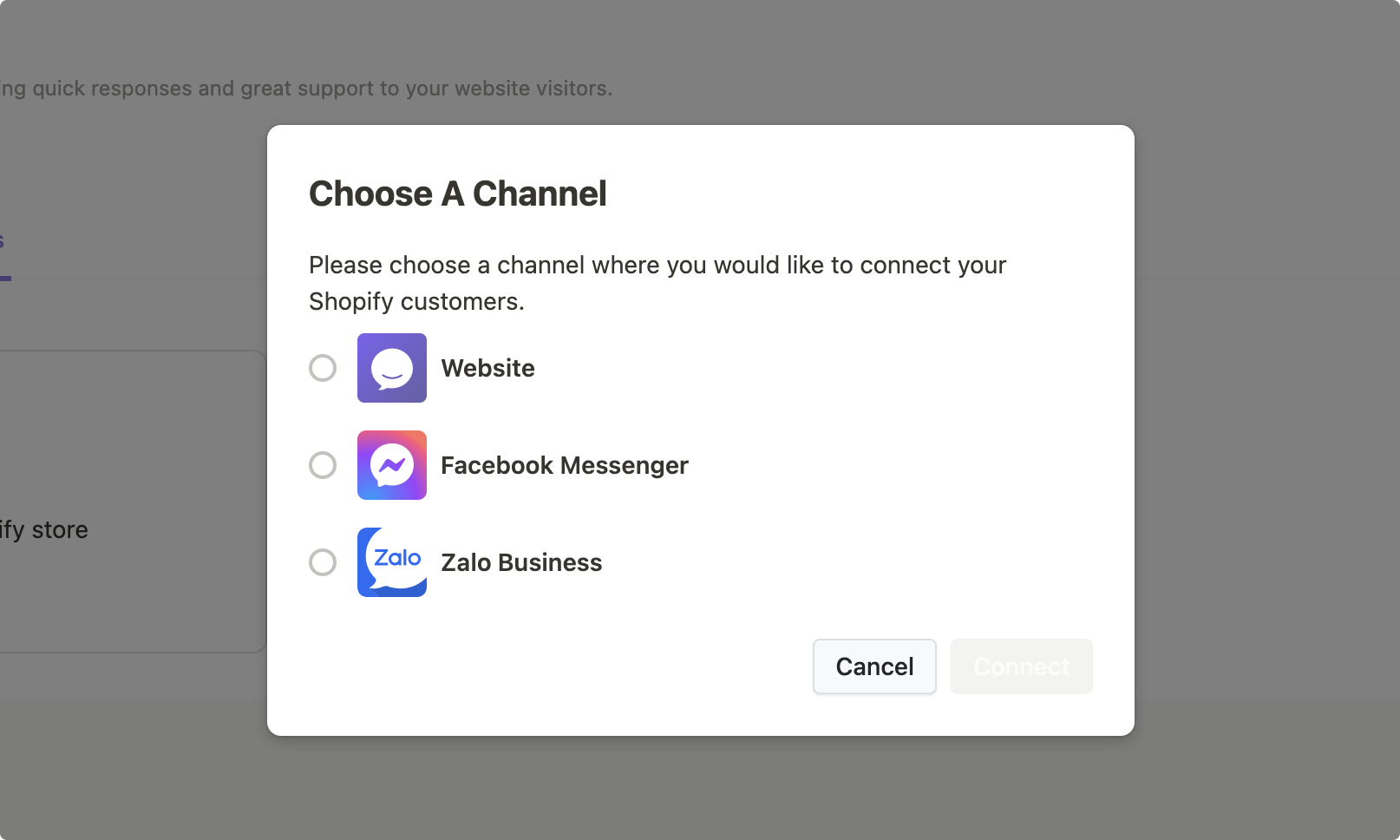 Choose channel to connect store Choose channel to connect store