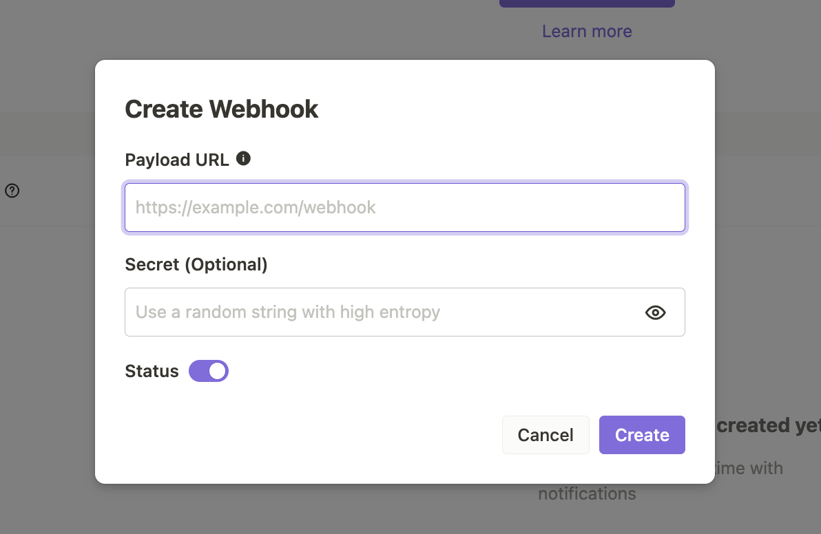 Create a webhook The image displays a popup for creating a webhook!
