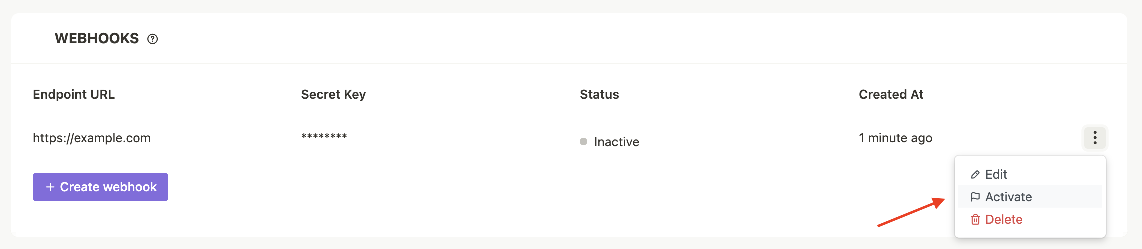 Webhook reactivation The image illustrates the step of reactivating webhook!